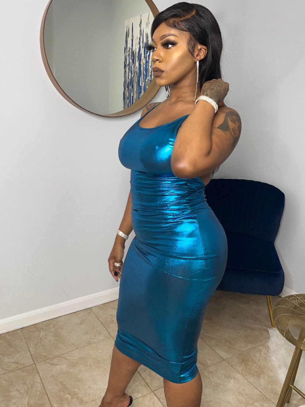 Metallic Teal Backless Bodycon Midi Dress | Stretch Satin Shine Dress